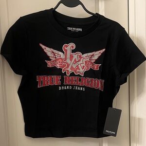 True Religion Black Tee with Red and White Graphic